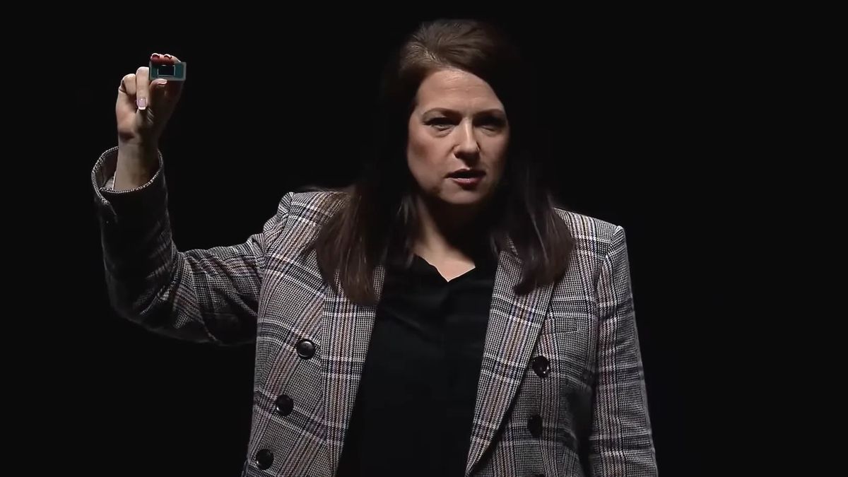 Intel&#039;s Interim Co-CEO Michelle Johnston Holthaus holding a Panther Lake processor sample at its CES 2025 keynote