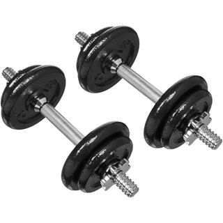 Two dumbbells with silver, knurled handles, 12 weight plates and silver spinlocks on a white background