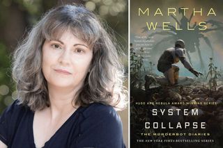 A woman author paired with the cover of her sci-fi novel showing a robot