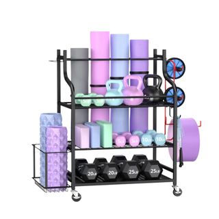 A black gym storage rack with purple gym equipment