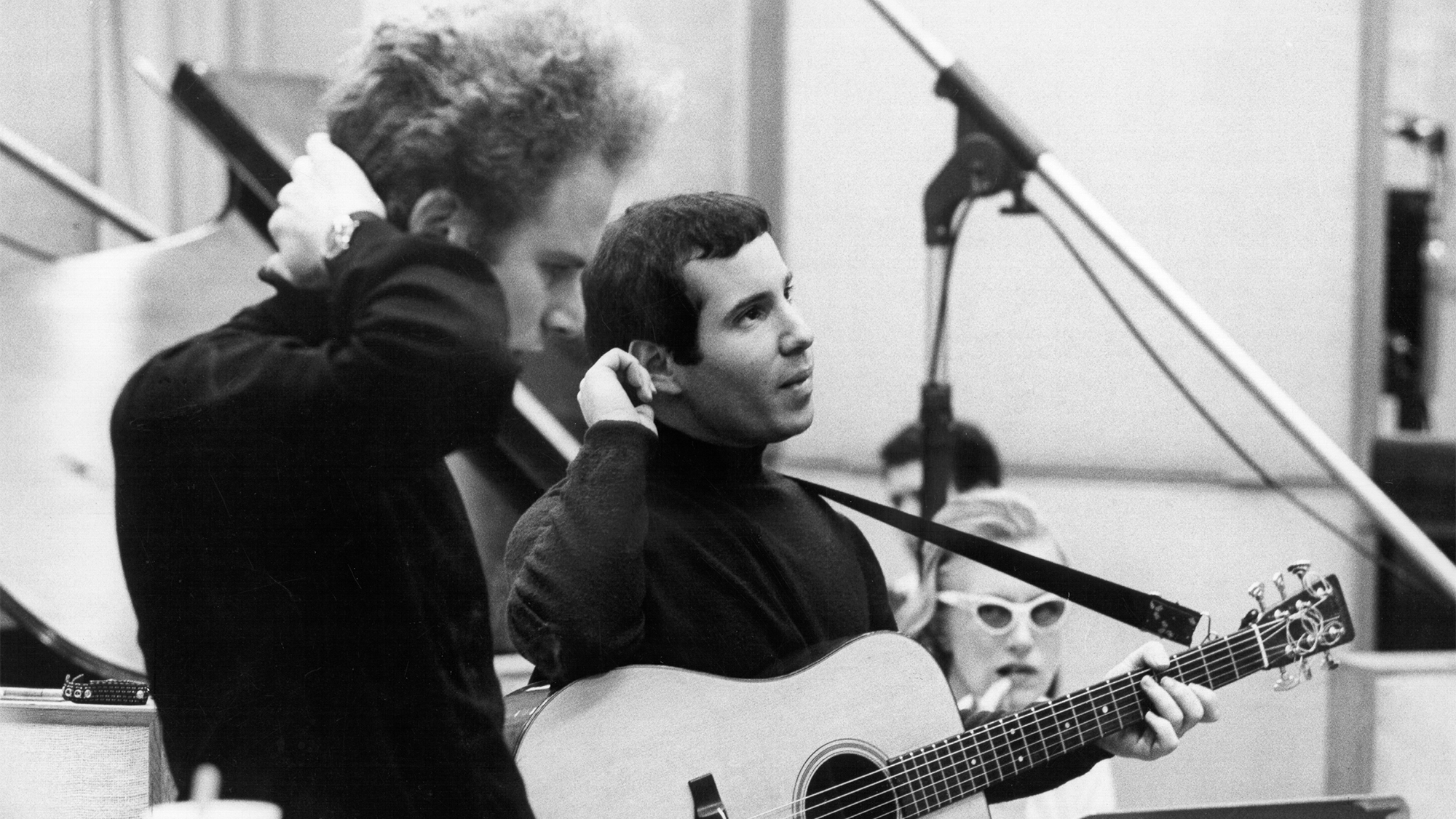 Paul Simon (right) and singer Art Garfunkel of the folk rock duo Simon &amp;amp; Garfunkel in a Columbia Records publicity still circa 1967 1966 in New York, New York.