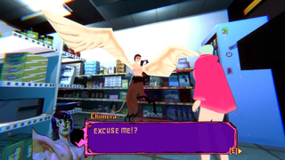 Sorry We're Closed review; a video game scene depicts a creature with wings and legs in a store, interacting with another character