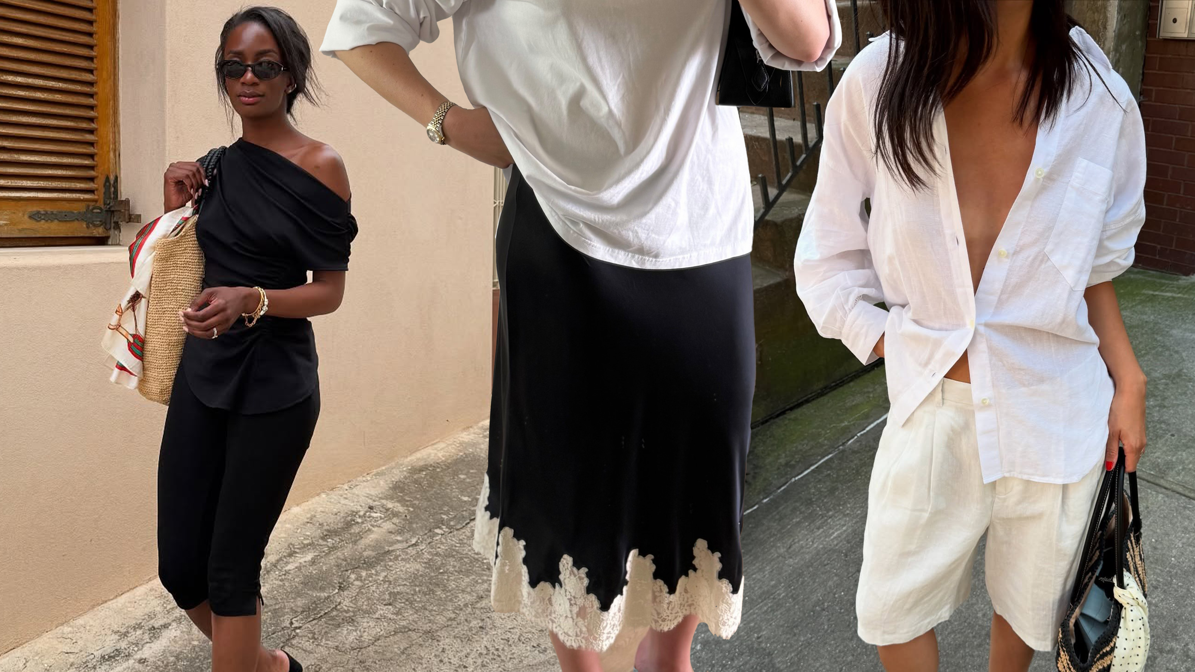 @_livmadeline wearing capris and a wedge sandals; @sarahlouiseblythe wearing a lace-trim skirt and wedge sandals; @mimixn wearing Madewell.