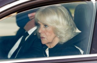 Duchess Camilla arrives at Windsor Castle to attend the funeral of Prince Philip, Duke of Edinburgh on April 17, 2021