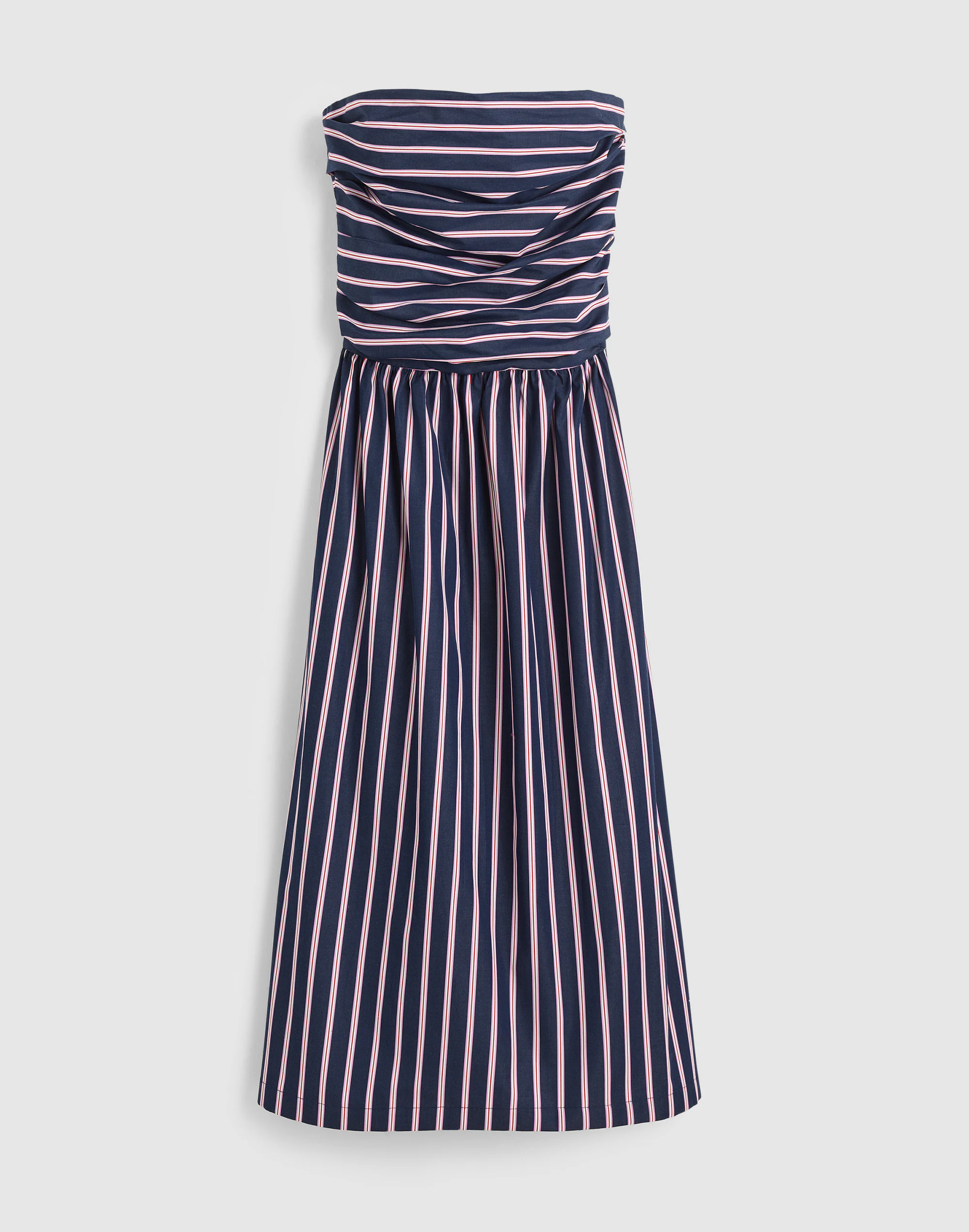 Strapless Ruched Midi Dress in Poplin