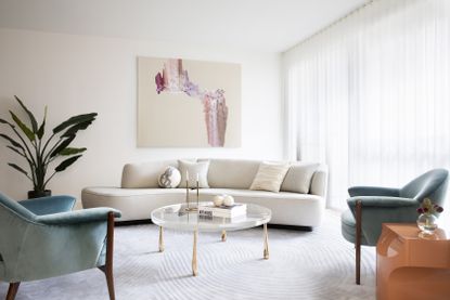 Minimalist living room with velvet furniture