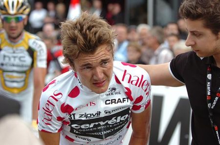 Heinrich Haussler (Cervelo Test Team) appears shaken up after the crash.