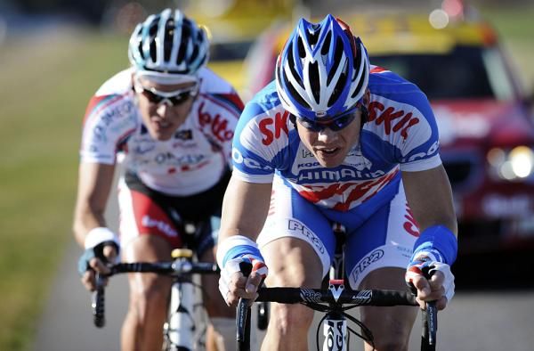 Tom Veelers (Skil-Shimano) and Philippe Gilbert (Omega Pharma-Lotto) put in a brief move.