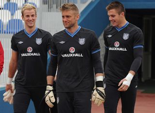 KRAKOW, POLAND - JUNE 22: Goalkeeper (L-R) Joe Hart, Rob Green and Jack Butland of England attend a training session ahead of their UEFA Euro 2012 Quarter Final match against Italy at Hutnik Stadium on June 22, 2012 in Krakow, Poland. (Photo by Michael Regan - The FA/The FA via Getty Images)