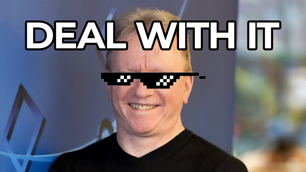 Jim Ryan SIE president meme, sunglasses with &quot;Deal with it&quot; text.