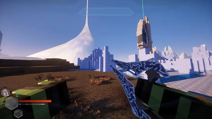 First-person view in Halo Rogue showing an energy sword beside Halo-inspired structures in Minecraft