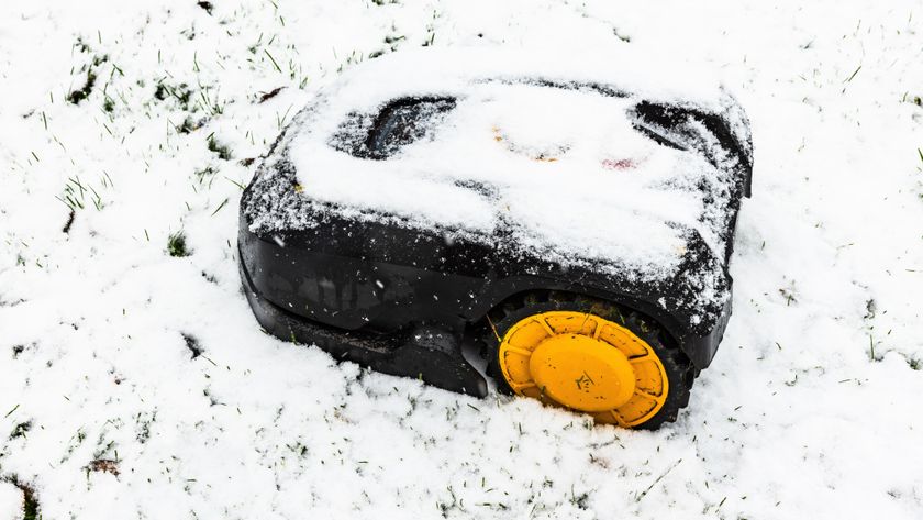 Robot lawn mower covered in snow on snow covered lawn