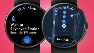 Two Wear OS watches on a pink background showing Google Maps directions