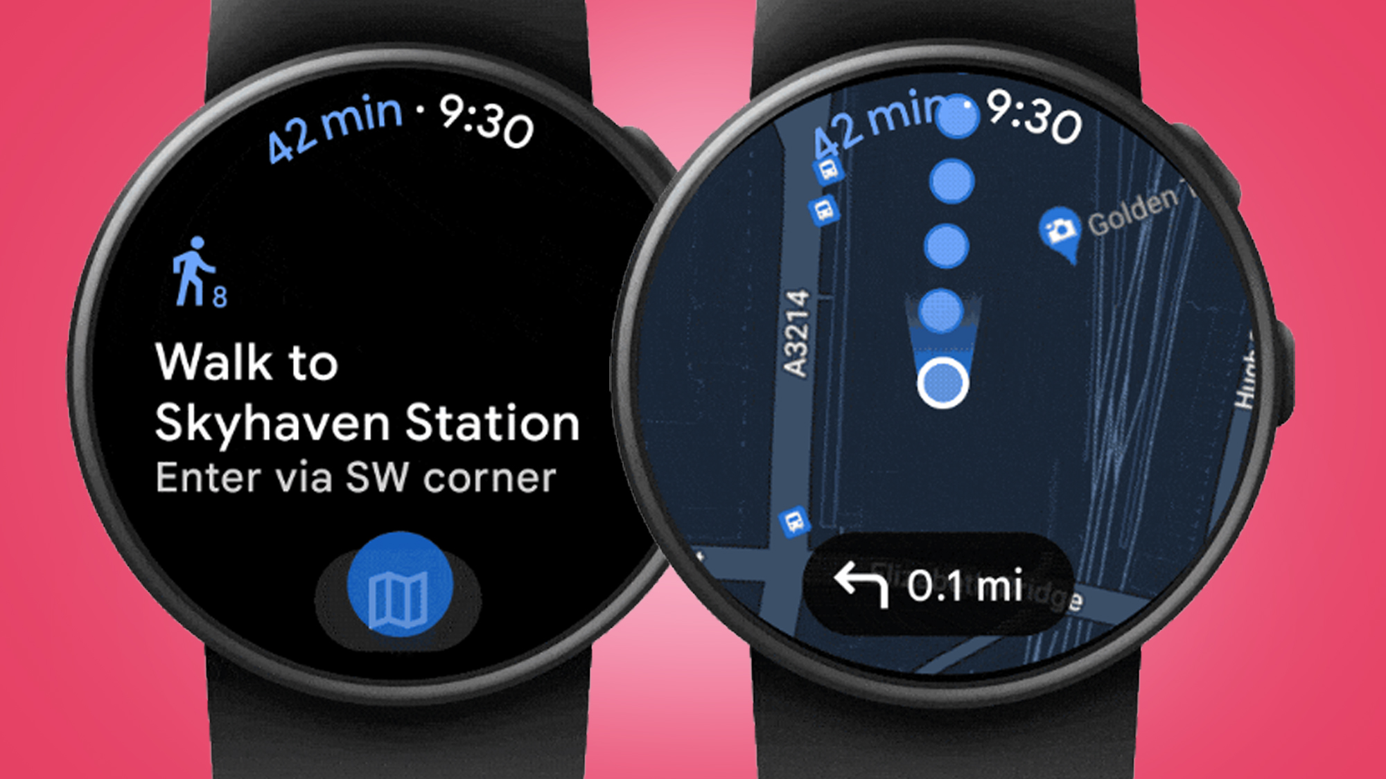 Dos relojes Wear OS sobre un fondo rosa que muestran direcciones de Google Maps