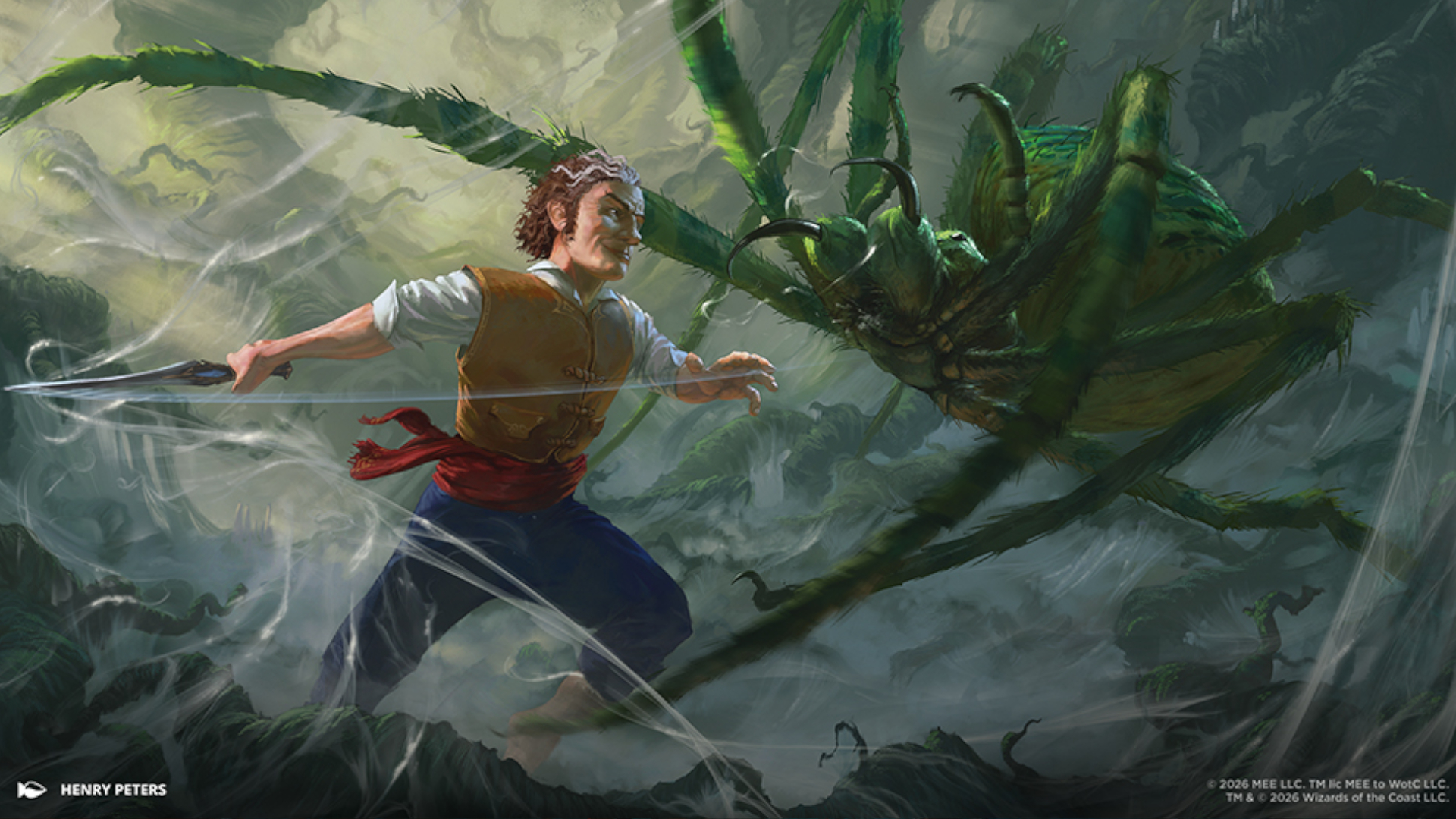 Bilbo fights off a giant spider, slashing at webs with his sword while smiling