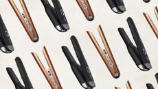 Collages of repeating images of copper Dyson Corrale and black ghd Unplugged on a beige background