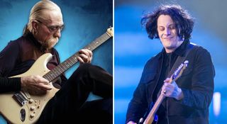 Jeff Baxter sits in profile as he plays an Olympic White Stratocaster [left]; Jack White plays his signature Telecaster live onstage