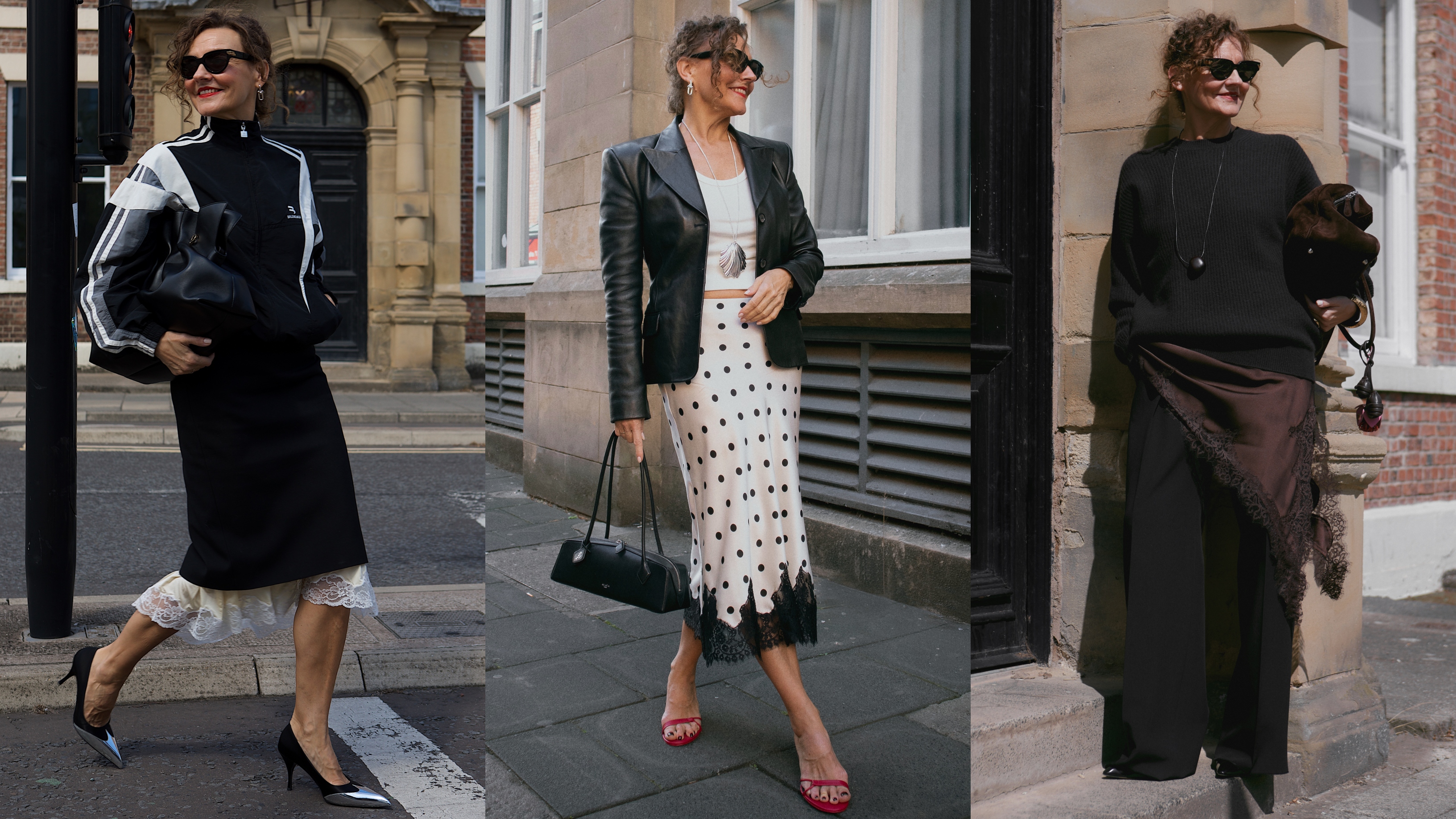 collage of Renia Jaz wearing lace-trimmed skirts and dresses