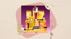 Image of the yellow Selfridges Beauty Advent Calendar 2025 with its contents stacked on top, on a neutral background with a pink motif, gold sparkles and product swatches