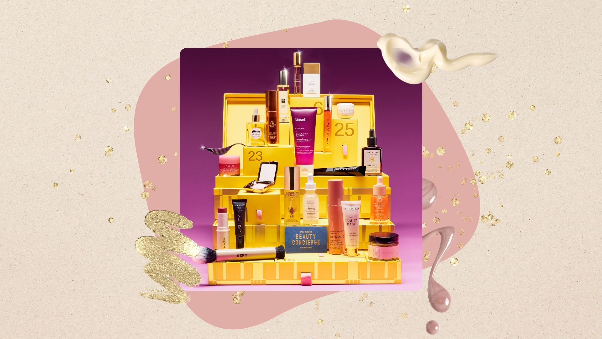 Image of the yellow Selfridges Beauty Advent Calendar 2025 with its contents stacked on top, on a neutral background with a pink motif, gold sparkles and product swatches