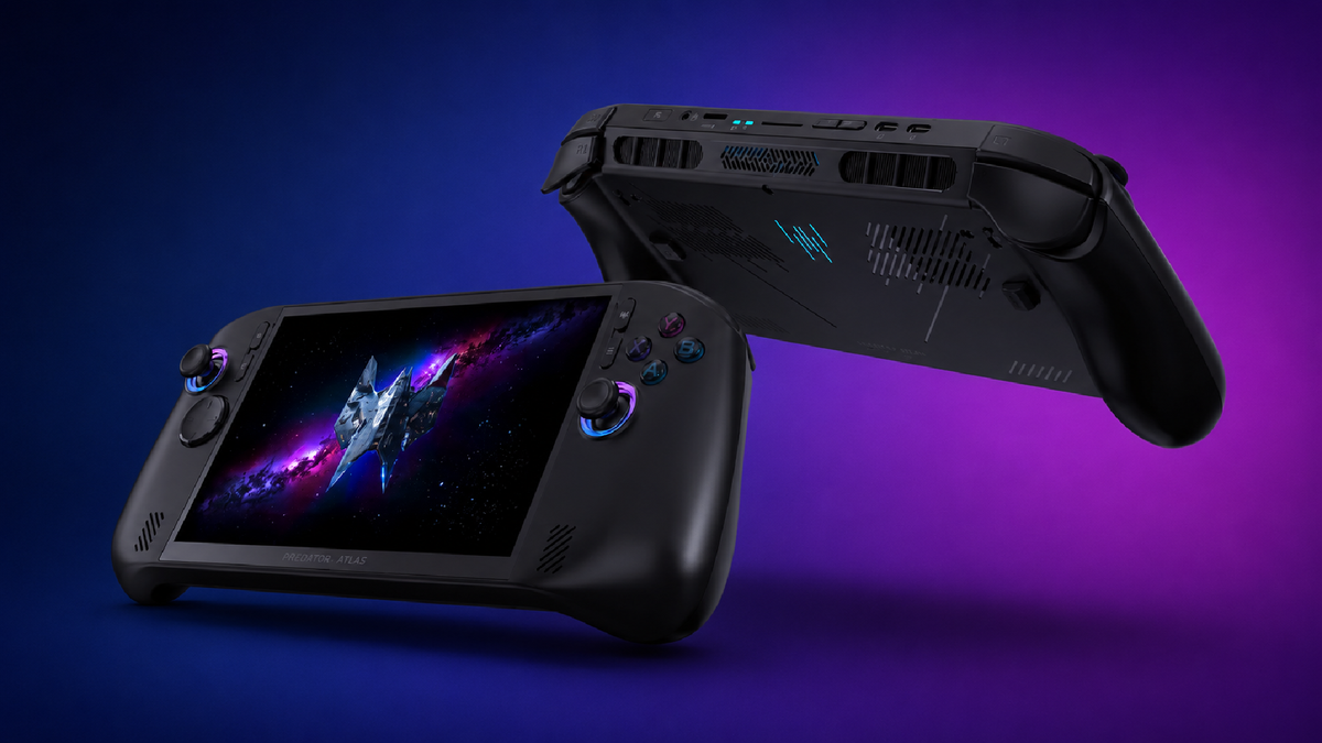 Acer Predator Atlas 8 handheld gaming PC shown from the front and rear against a purple gradient background, highlighting its display, controls, cooling system, and illuminated design accents.