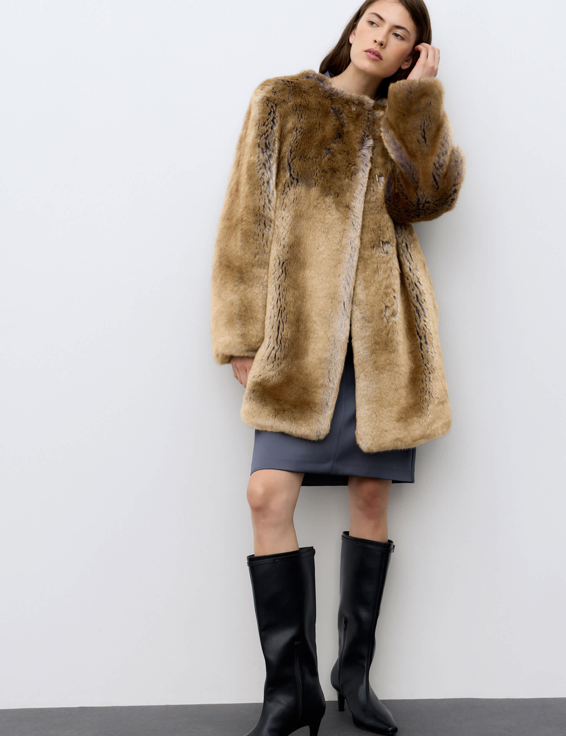 Faux Fur Collarless Longline Coat