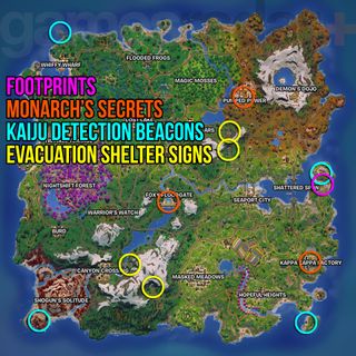 Fortnite Godzilla map showing quest objective locations