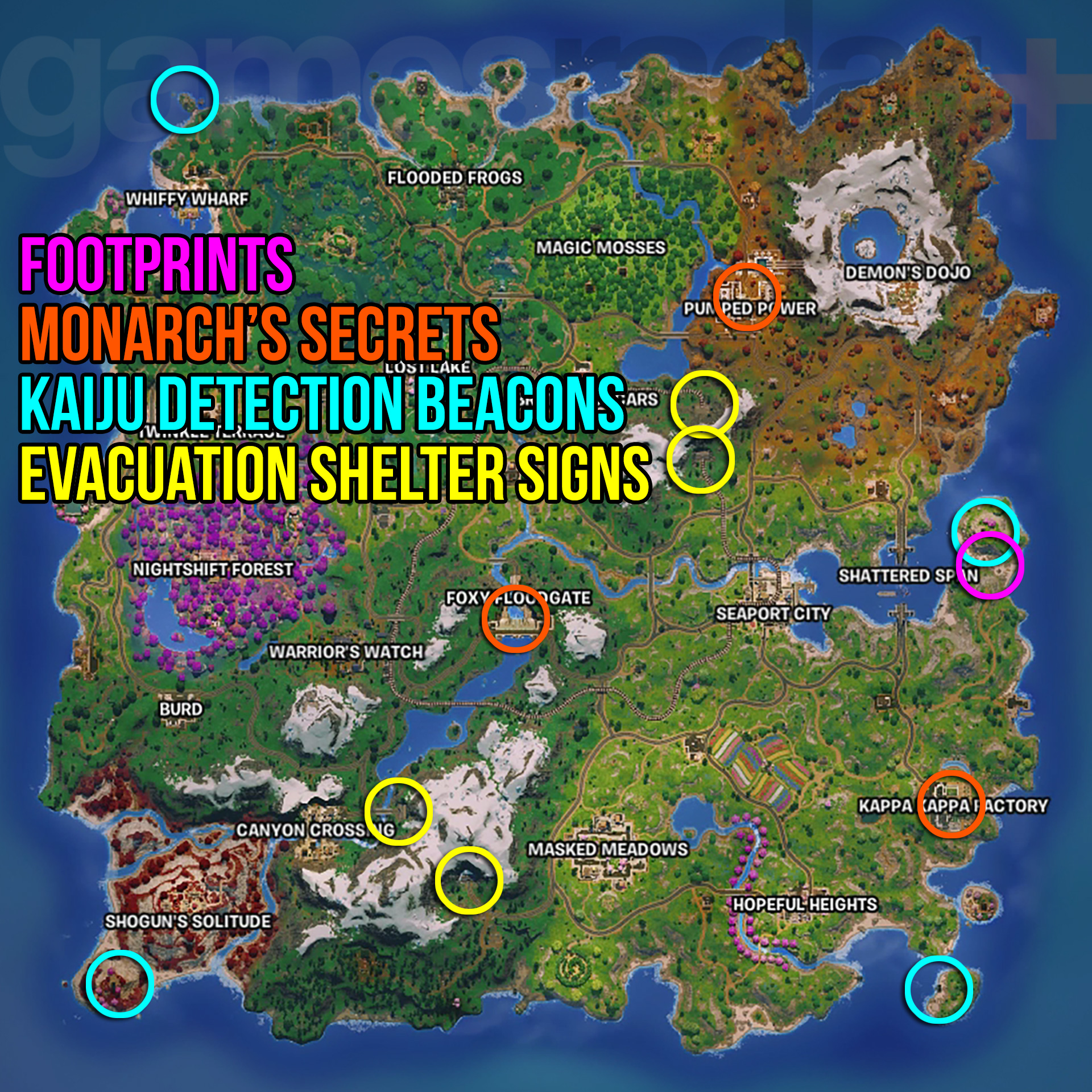 Fortnite Godzilla map showing mission objective locations