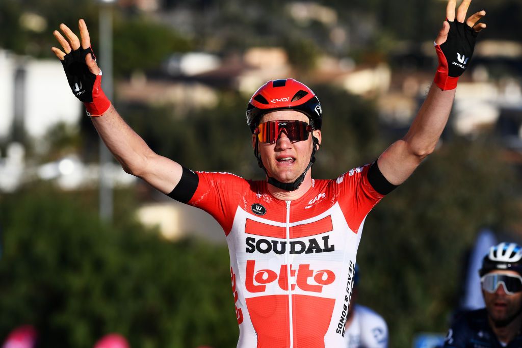 LLOSETA SPAIN JANUARY 28 Tim Wellens of Belgium and Team Lotto Soudal celebrates at finish line as race winner during the 31st Challenge Ciclista Mallorca 2022 Trofeo Serra De Tramuntana a 1589km race from Lloseta to Lloseta ChallengeMallorca on January 28 2022 in Lloseta Spain Photo by Tim de WaeleGetty Images