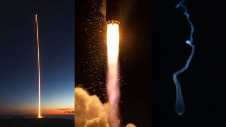 A three-panel image show a streak shot, engine shot and jellyfish from a rocket launch.