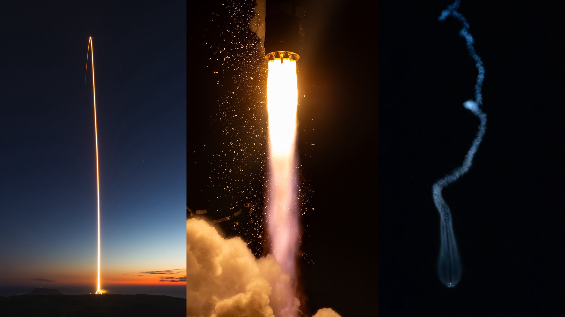 A three-panel image show a streak shot, engine shot and jellyfish from a rocket launch.