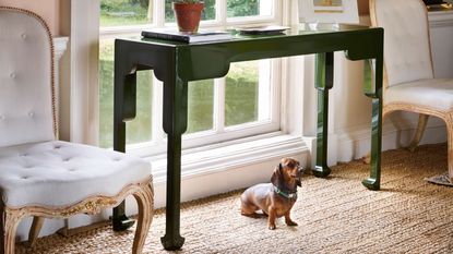 colorful console table trend green console table in front of large window with two chairs and a plant pot