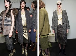 Female models dressed in the Max Mara A/W 2014 backstage of the fashion show