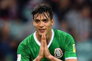 Raul Jimenez celebrates after scoring for Mexico against New Zealand at the Confederations Cup in June 2017.