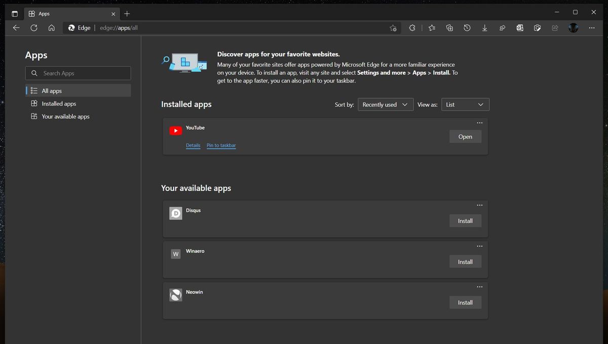 Edge Installing PWAs