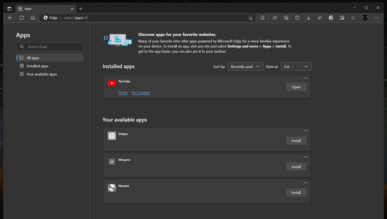 Edge Installing PWAs