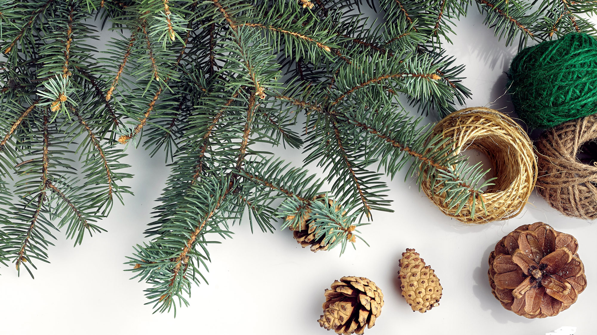 mini Christmas tree DIY topiary elements with cuttings, twine and cones