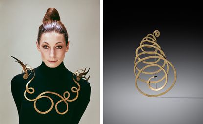 Left: Anjelica Huston wearing ’The Jealous Husband right: Untitled’ brooch