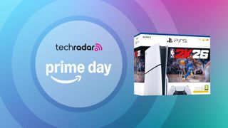 The PlayStation 5 Slim Disc Edition – NBA 2K26 Bundle in front of a blue, teal and magenta background featuring the words 'TechRadar Prime Day'.