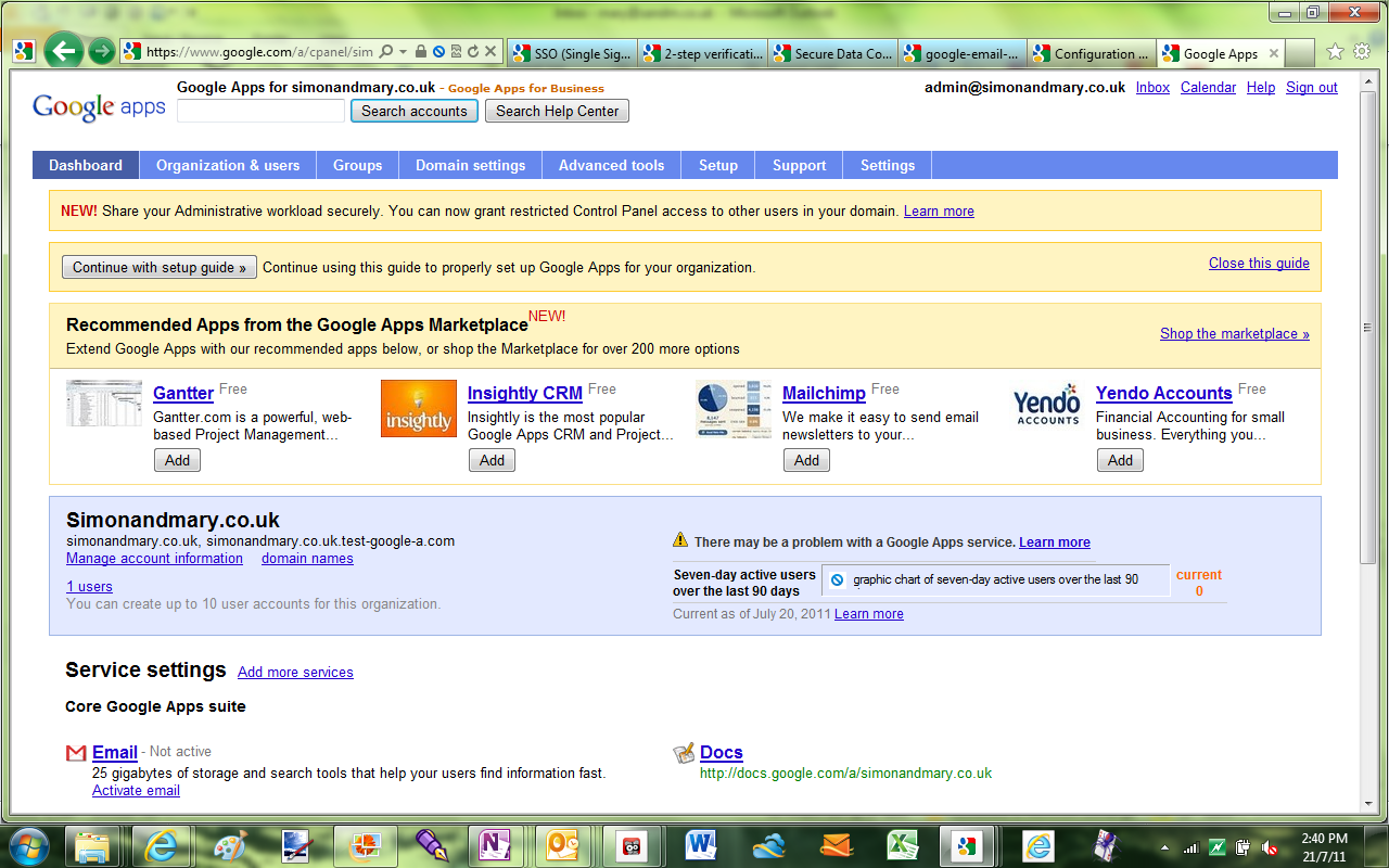The Google Apps admin page is cluttered with adverts for new features and third-party tools.