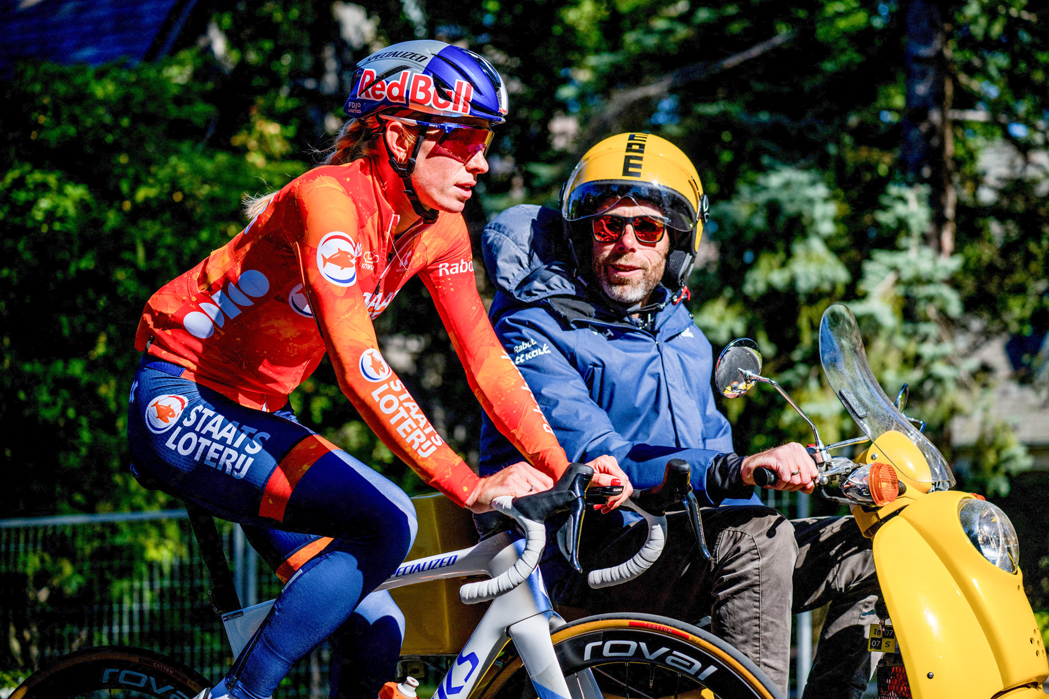 Demi Vollering riding a course recon in Montreal alongside Dutch national coach Laurens ten Dam ahead of the 2026 Road World Championships