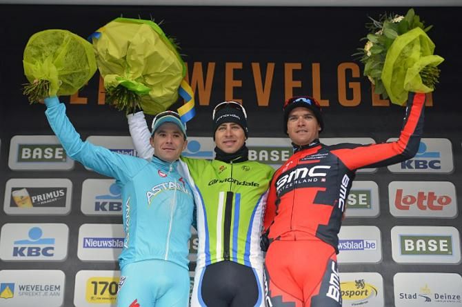 Borut Bozic, Peter Sagan and Greg Van Avermaet on the podium in Gent-Wevelgem