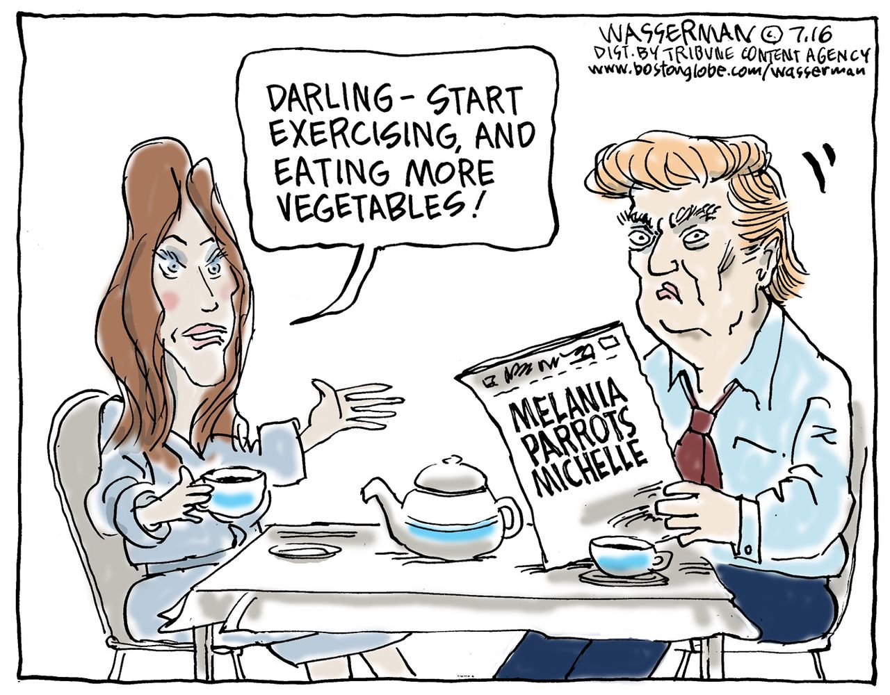 Political cartoon U.S. Melania Donald Trump Michelle Obama exercise vegetables