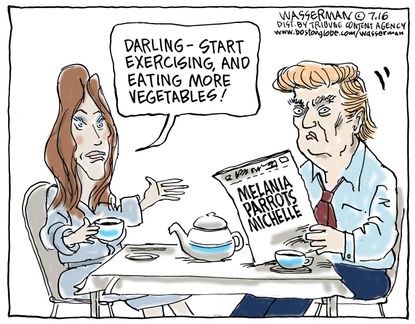Political cartoon U.S. Melania Donald Trump Michelle Obama exercise vegetables