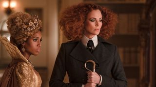 Kerry Washington as Clarissa Dovey and Charlize Theron as Leonora Lesso in The School for Good and Evil