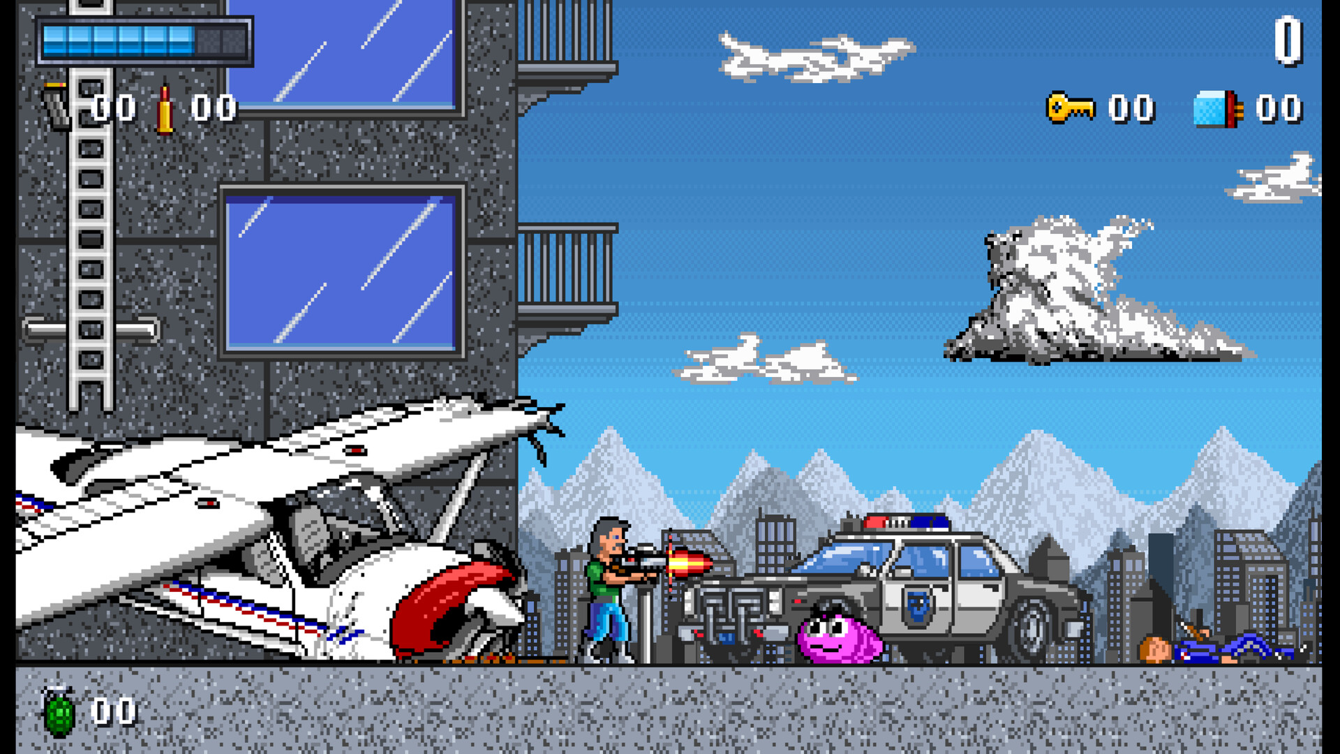 Snake Logan shoots a purple blob while stood between a police car and a crashed propeller plane.