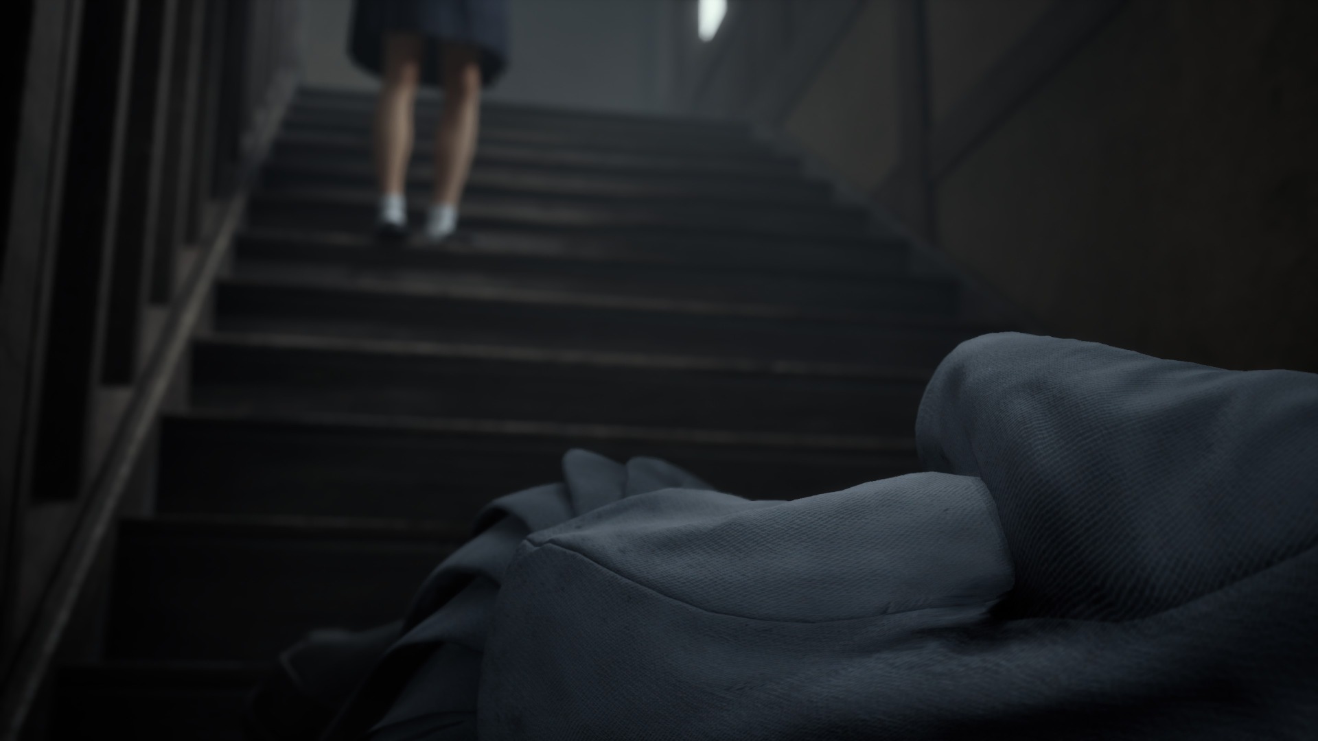 A screenshot shows Hinako lying at the bottom of the stairs in Silent Hill f after Rinko pushes her