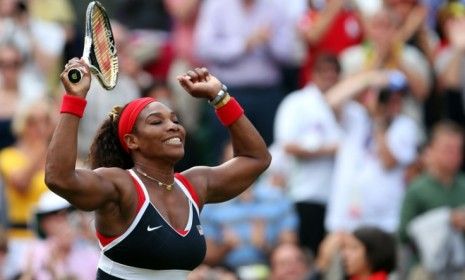 Serena Williams cheers after winning the women&amp;#039;s singles gold-medal match