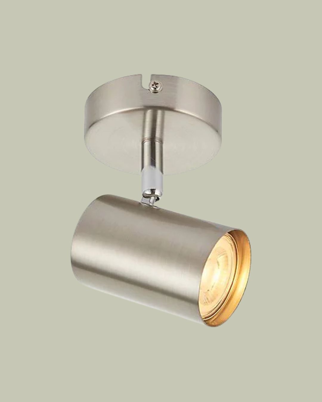 Luminosa Arezzo 1 Light Spotlight Satin Chrome Effect, Chrome Plate, Gu10 against pale green background.
