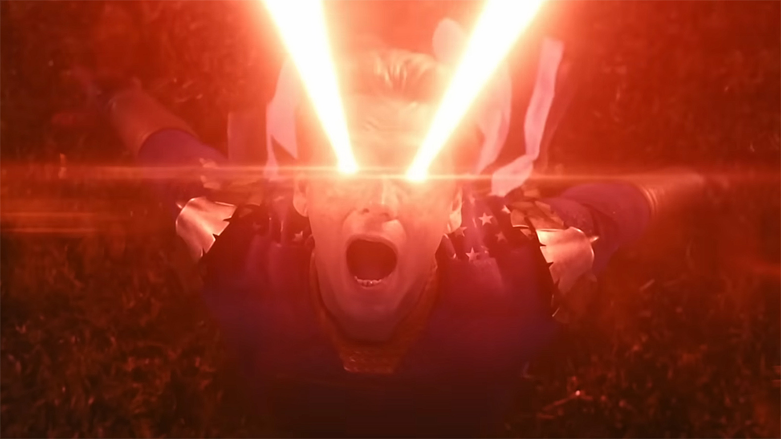 Homelander shooting lazers from his eyes and with his mouth open at night in The Boys season 5 episode 6